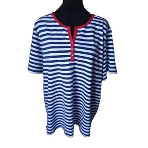 Quacker Factory Women's L Blue & White Striped Top with Red Trim, NWOT